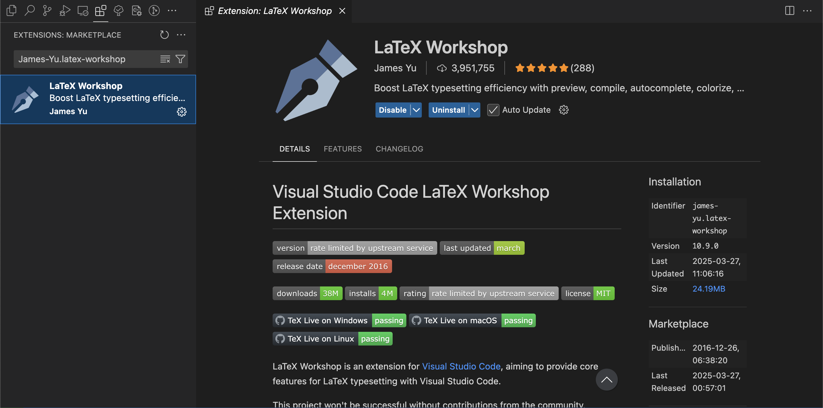 Screenshot of VS Code, with the left sidebar open to the extensions tab, and
James-Yu.latex-workshop entered in the extensions search bar. The editor window
has the LaTeX Workshop extension
open