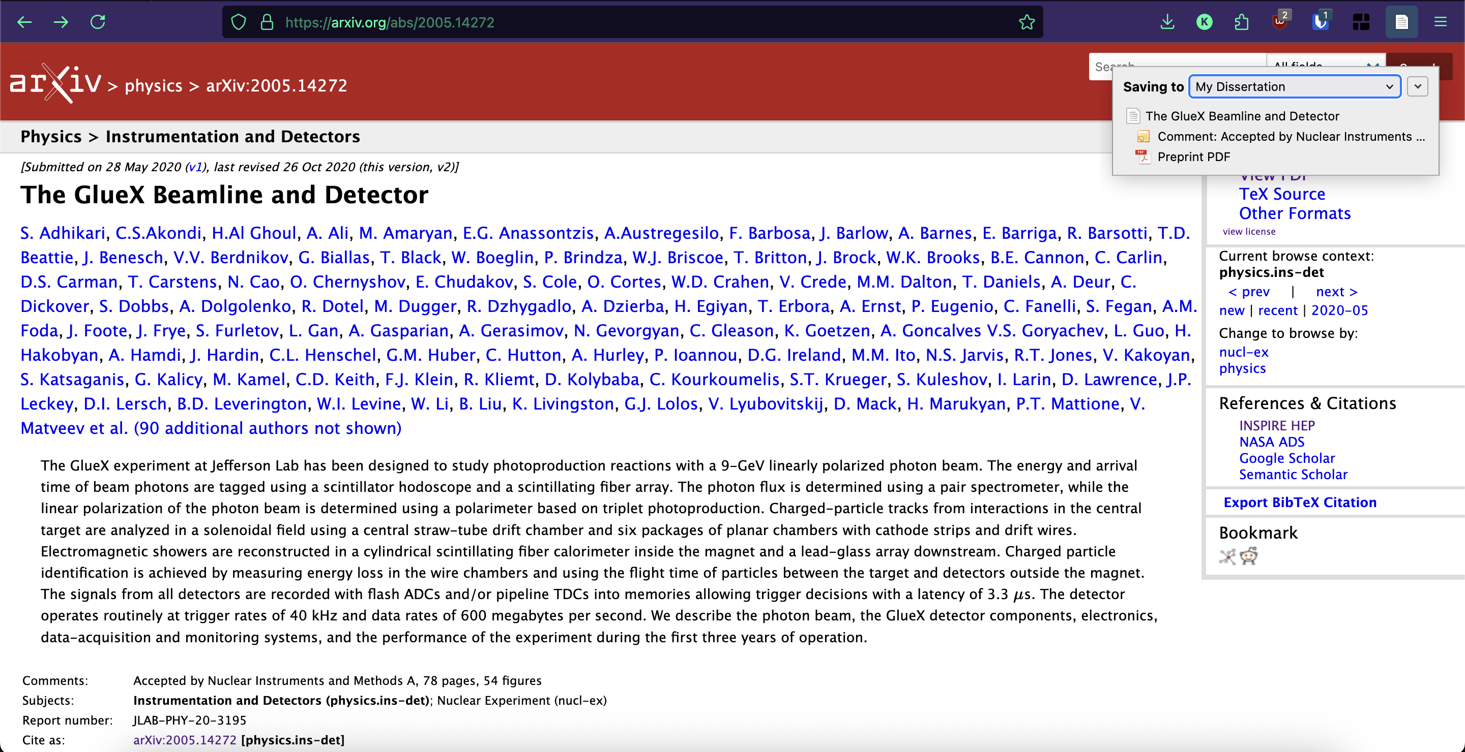 Screenshot of an arxiv page, with the Zotero browser extension GUI open in the
upper right-hand corner
