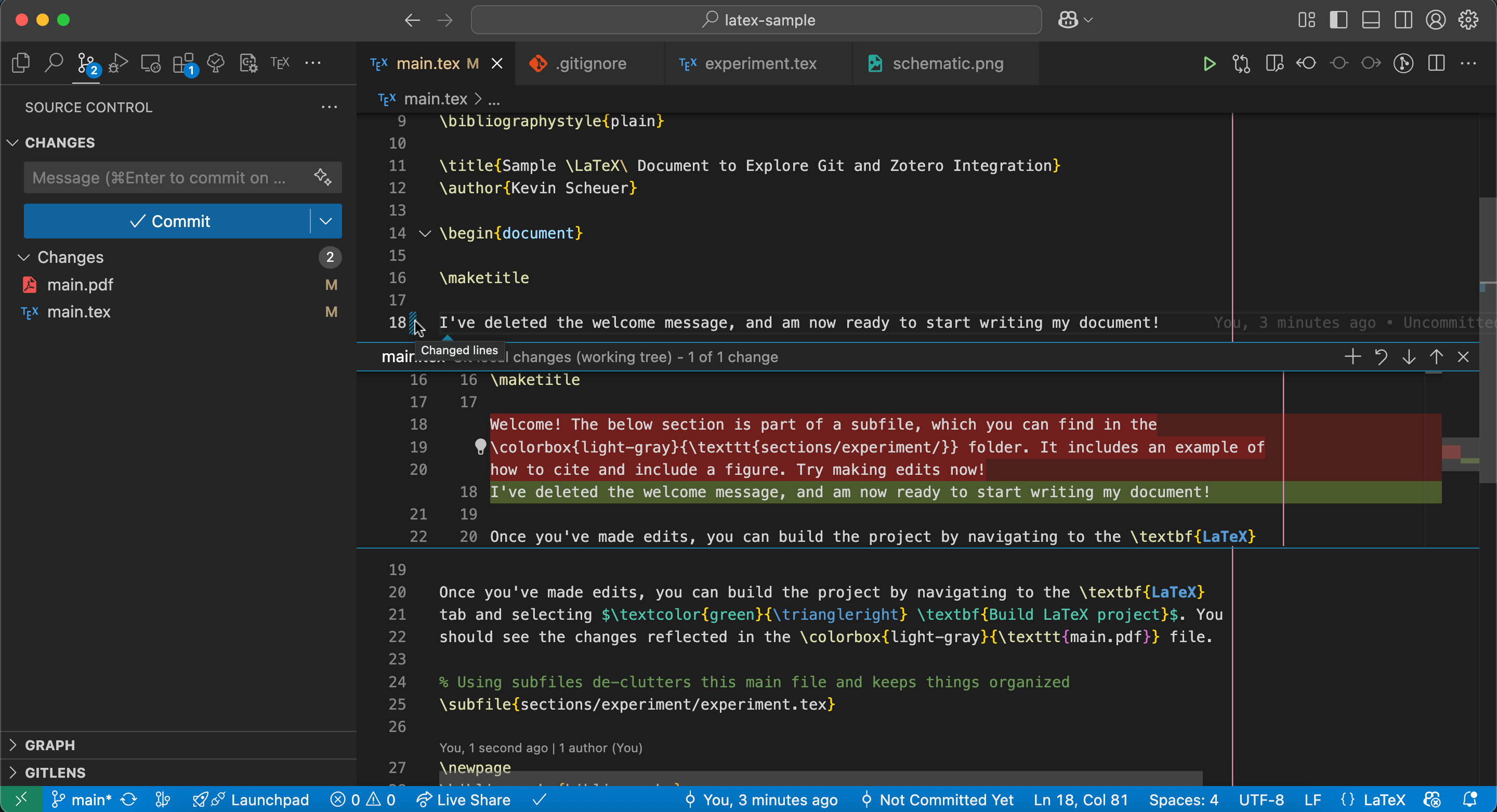 Screenshot of VS Code with the sidebar open to Source Control, and changes
made to the LaTeX document
highlighted