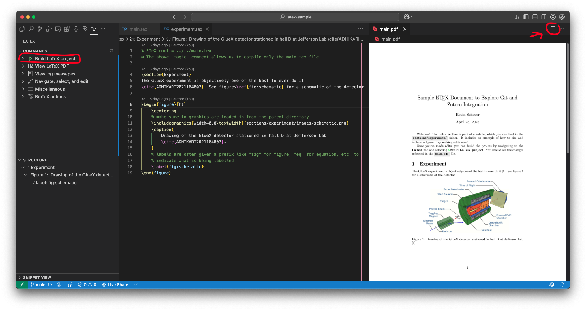 Screenshot of VS Code's split editor view with the main.tex file on the left,
and the output pdf on the
right