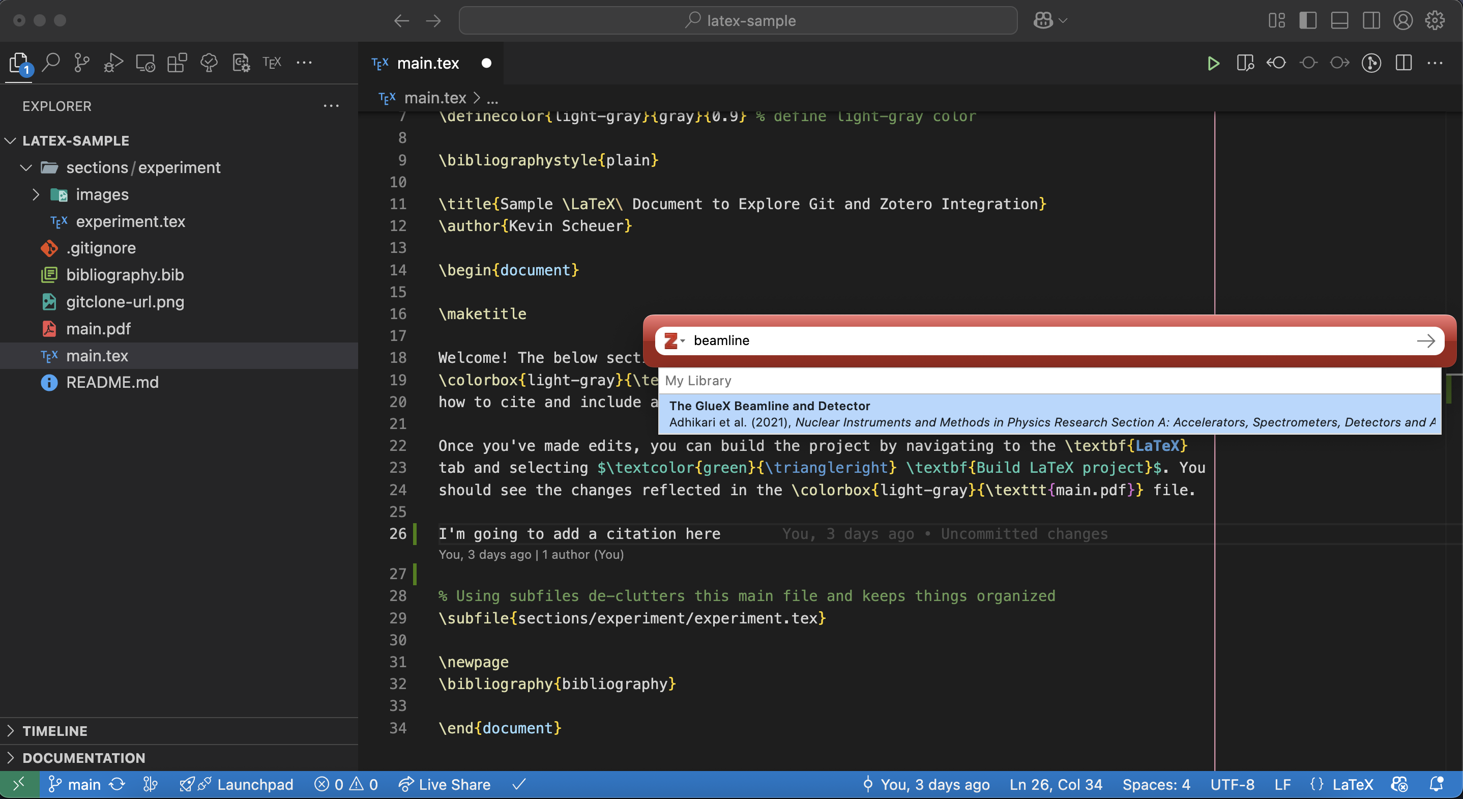 Screenshot of VS Code with a Zotero search dialog box open